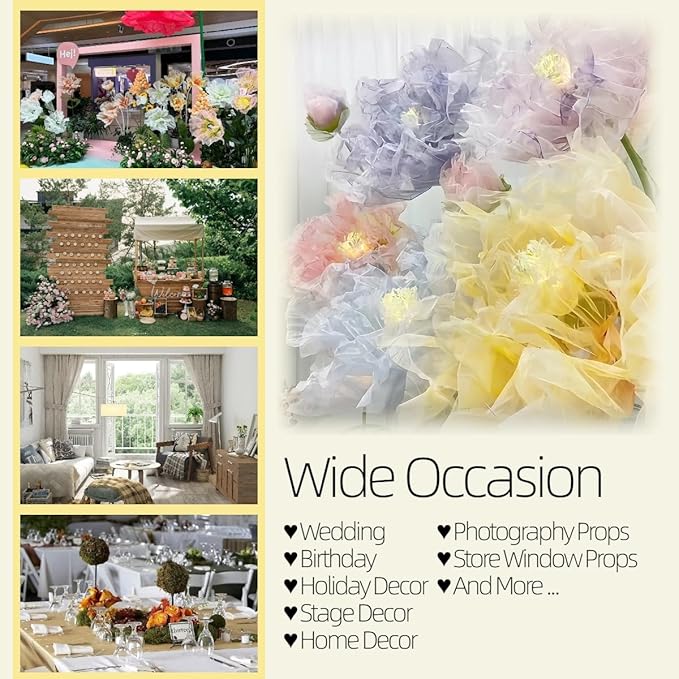Giant Flowers for Decoration, 5 ft Large Organza Floral with LED Light, for Wedding Arrangements, Birthday Christmas Party Backdrop Decor, Photography Props, Shop Window Display