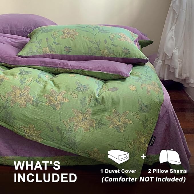 VM VOUGEMARKET Retro Flower Duvet Cover King,3Pcs Yarn-Dyed French Linen Jacquard Duvet Cover Set Mint Green Purple Bedding Set for Girls Women Without Comforter