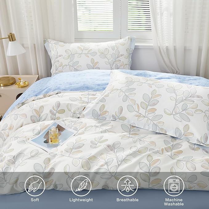 SAPHREAS Botanical Leaves Printed Duvet Cover Full Size 3pcs Blue Leaf Cotton Garden Style Bedding Comforter Cover Set 1 White Duvet Cover 80"x90" 2 Pillow Shams, Comforter Not Included
