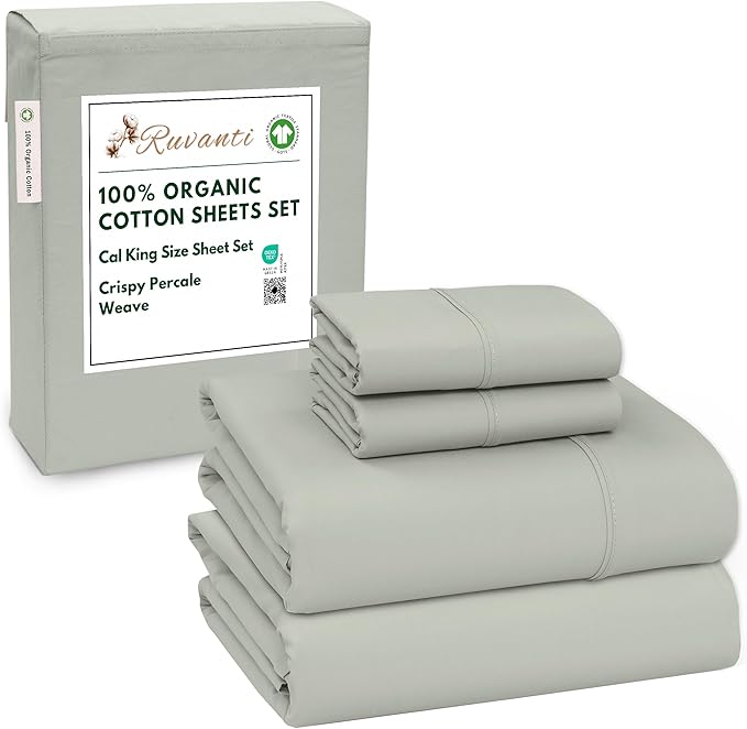 RUVANTI 100% Organic Cotton Sheets California King, Percale Weave, GOTS Certified, 4-Piece Set, Deep Pocket 13", Crisp & Breathable, Soft Durable Bedding, Sábanas Algodón Orgánico – Mineral Gray