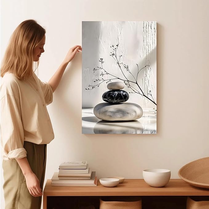 Gray and black stone pile and dried flowers poster canvas wall art in harmony Minimalist wall art for tranquil homes and mindful spaces 12x18in Wood Framed