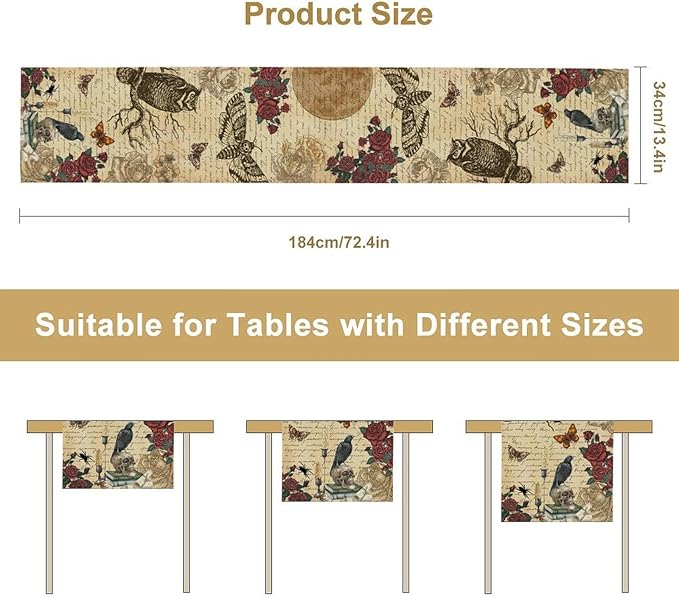 Gothic Floral Table Runner, Retro Dark Skull Moth Vintage Flower Halloween Day of Death Witchy Coffee Table Center Decor for Home Kitchen Dining Patio Holiday Party Table Decorations 13x72 inches