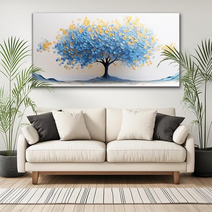 LAVIKARS Modern Tree of Life Wall Art for Living Room Office Navy Blue and Yellow Floral Abstract Landscape Canvas Painting Prints Large Nature Artwork Home Kitchen Bedroom Decor (23x46 Inches)