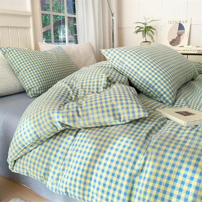 LifeTB Queen Comforter Set Blue Yellow Gingham Comforter with 2 Pillowcases Modern Style Geometric Plaid Comforter 3 Pieces Farmhouse Gingham Bedding Set Fluffy Grid Checkered Comforter Set