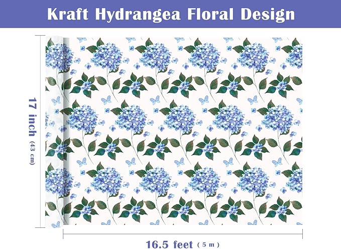 WRAPAHOLIC 30 Inch Kraft Hydrangea Floral Wrapping Paper Roll - 30 Inch x 33 Feet - Hydrangea Flower Wrapping Paper for Wedding, Birthday, Bridal Shower, Tea Party