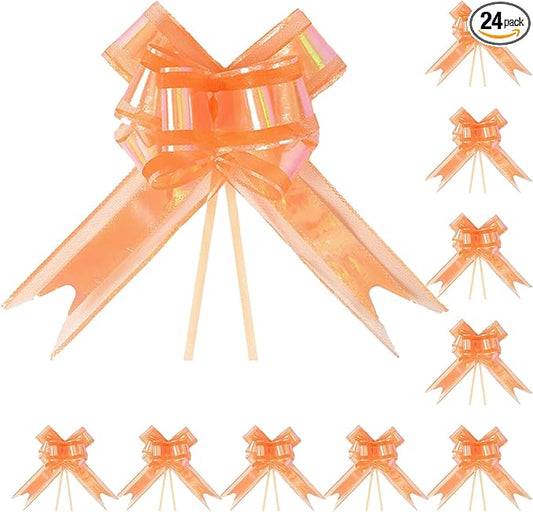 24PCS Orange Pull Bows for Gift Wrapping, 6" Large Pre-Tied Decorative Bows for Christmas, Wedding, Birthday, Party Decorations, Reusable Instant Floral Decors for Gifts, Bouquets, Baskets