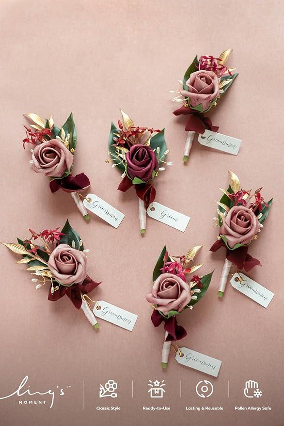 Ling's moment Boutonniere for Men, 6pcs Groom Groomsmen Boutonniere, Artificial Flowers for Wedding Decor/Prom/Homecoming, etc.Marsala Dusty Rose
