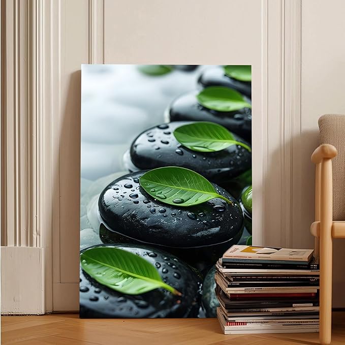 Glittering black stone cluster with fresh green leaves and water drops poster tranquil mist rain wall art zen wall art suitable for modern minimalist home decor 16x24in Wood Framed