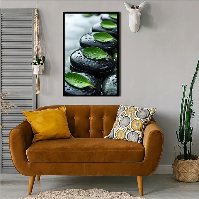 Glittering black stone cluster with fresh green leaves and water drops poster tranquil mist rain wall art zen wall art suitable for modern minimalist home decor 8x12in Metal blackFramed