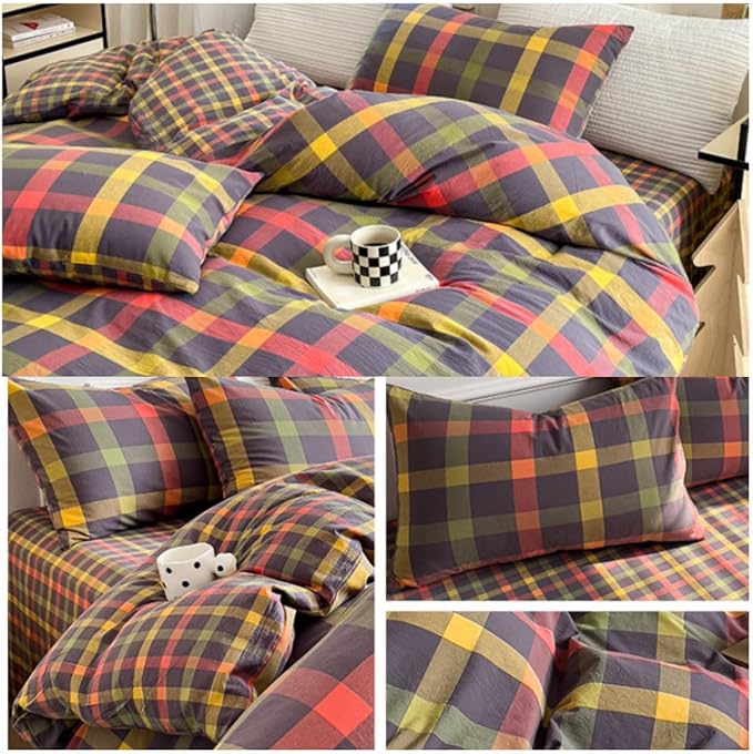 LifeTB Twin XL Comforter Set Modern Style Plaid Checkered Pattern Comforter with 2 Pillowcases Gingham Bedding Comforter Set Multicolor Grid Bed Comforter Fluffy Lightweight Bedding Set Twin XL