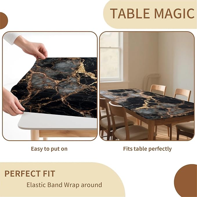 Rectangle Table Cloth Cover Waterproof Elastic Fitted Polyester Fitted Tablecloths for 8 Foot Tables for Indoor,Picnic, Camping, Outdoor （96" x 30"，Black Marble）