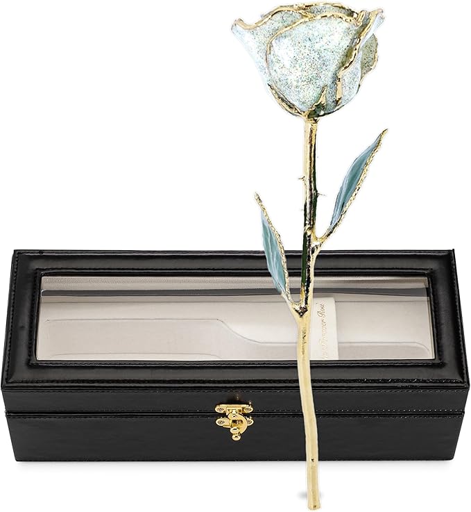 Forever Rose Hand-Dipped in 24K Gold, Opal-Inspired October Birthstone with Sparkles, Real Rose in Leather Case with LED Light – Perfect Ready to Gift for October Birthday or Any Occasion