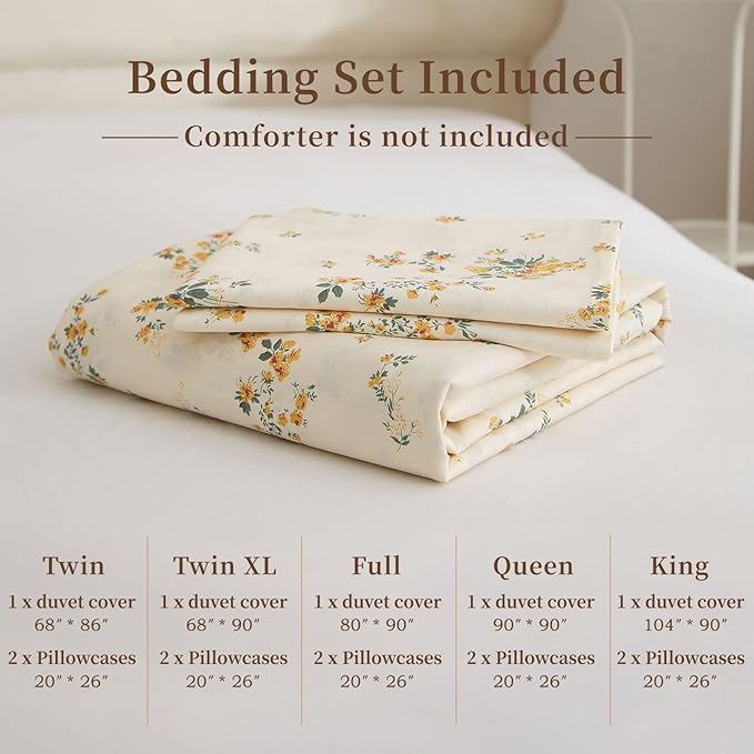EAVD Twin Cotton Duvet Cover Set Girls Yellow Floral Duvet Cover Chic Garden Flower Bedding Set with 2 Pillowcases Reversible Botanical Pattern Duvet Cover with Zipper Closure