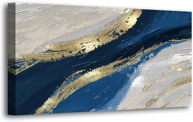 Abstract Canvas Wall Art for Living room Office Bedroom Golden Blue Wall Art Print Oil Paintings Modern Abstract River Texture Pictures Wall Decor Artwork Waterproof Ready to Hang - 28in * 57inch