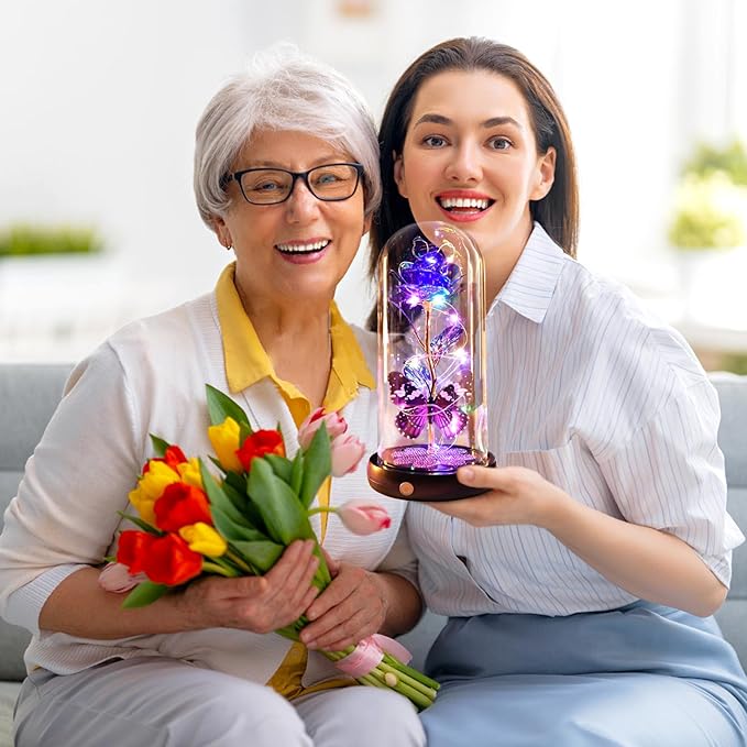 Christmas Rose Gifts for Women, Womens Gift for Christmas Rechargeable Galaxy Glass Rose Light Up Roses In Glass Dome Crystal Flower Butterfly Birthday Xmas Gifts for Women Wife Grandma Sister Purple