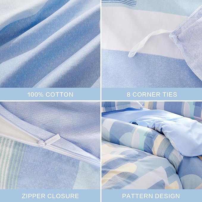 SAPHREAS Blue Geometric Pattern Duvet Cover Set 3pcs Queen Size 100% Cotton Colorful Blocks Bedding Comforter Cover Set 1 Duvet Cover 2 Pillow Cases