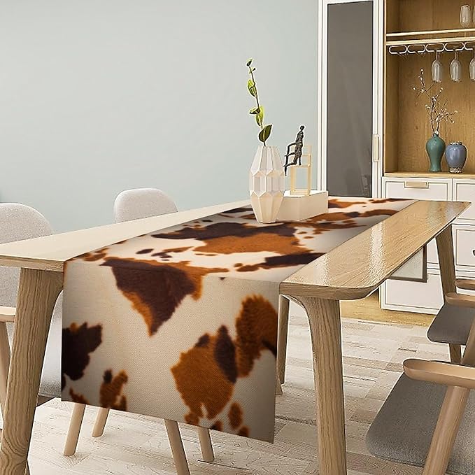 Cow Print Table Runner, Brown Cowhide Print Western Style Table Runner Country Farmhouse Cottage Cow Patten Table Decoration for Home Kitchen Dining, 13x108 Inch