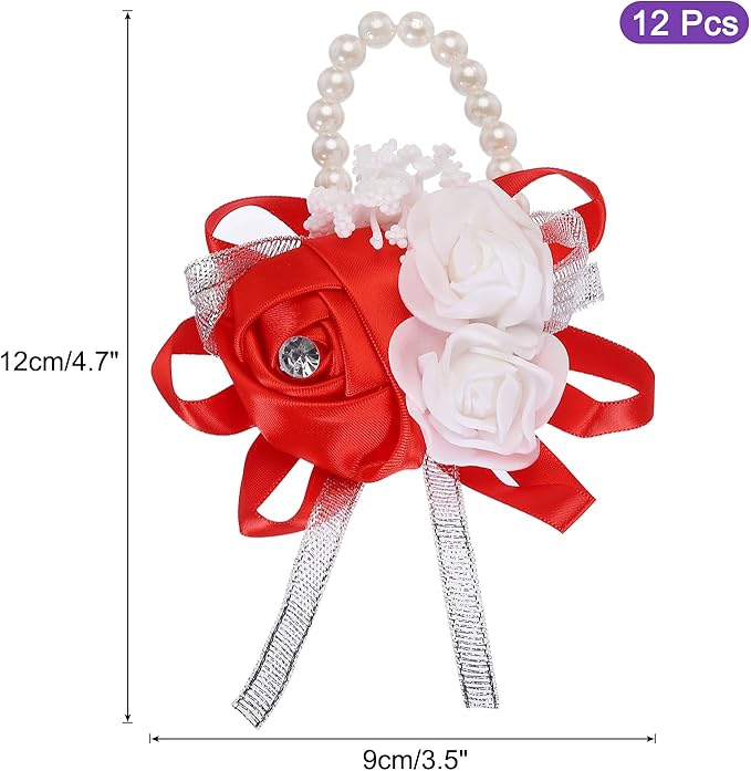 MECCANIXITY 12Pcs Wrist Corsage Artificial Flower Bracelets Rose Wrist Bride Groom Decorative for Wedding Ceremony Prom Party Anniversary Red