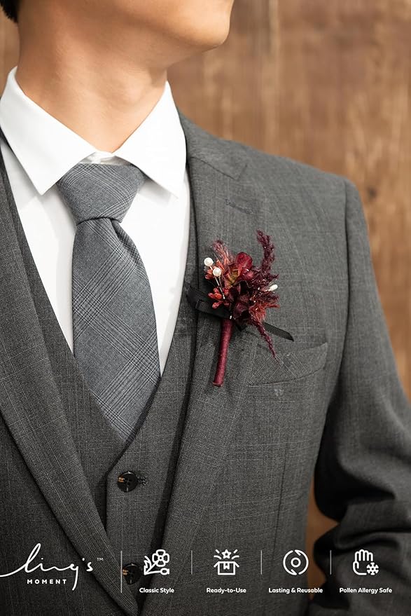 Ling's Moment Boutonniere for Men, 10pcs Groomsmen Guest Boutonniere, Artificial Flowers for Wedding Décor/Prom/Homecoming,etc.Black Gothic Burgundy