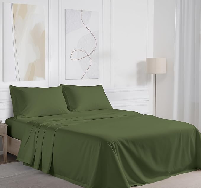RUVANTI 100% Cotton California King Sheet Sets, 4 Pieces, Soft & Breathable Percale Weave Bedding, Deep Pocket 14", Hotel Standard, Crisp Cool Feel & Durable, Perfect Dyed Sheets, Chive