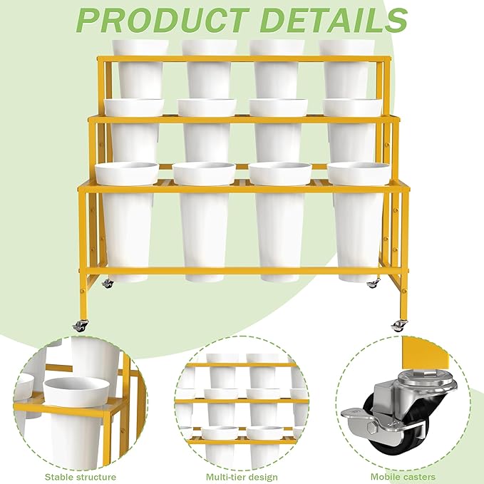 Flower Display Stand with 12 Buckets, Flower Cart Gold 3 Layers Metal Flower Bar Stand with Wheels, Moving Florist Bouquet Shelf for Weddings Florist Indoor Living Room Outdoor Patio Garden