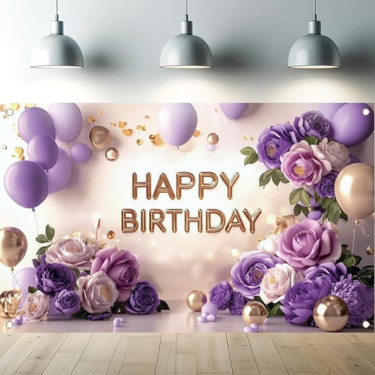 Purple Gold Happy Birthday Backdrop Banner Elegant Flowers Balloons Photography Background Glitter Birthday Decorations for Women Girls Party Supplies Photo Booth Props 71x43 Inch