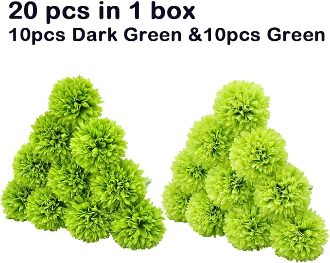 20Pcs Artificial Fake Flower Plants Silk Chrysanthemum Ball Hydrangea Arrangements Wedding Bouquets Decor Home Kitchen Garden Party Table Floral Centerpieces DIY (Dark Green&Green)