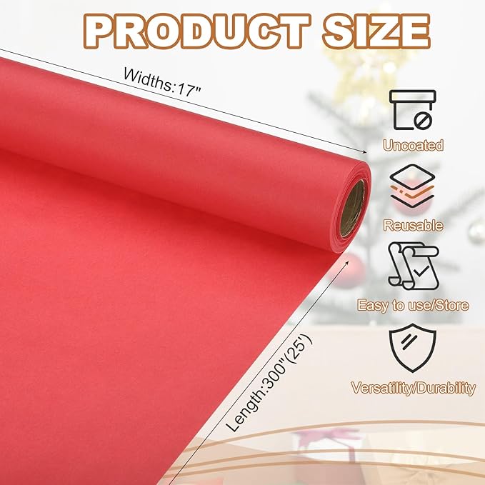 PATIKIL Wrapping Paper, 17" x 300"(25') 70 GSM Craft Paper Roll Kraft Packing Paper for Poster Bulletin Board, Gift Wrapping, Bright Red
