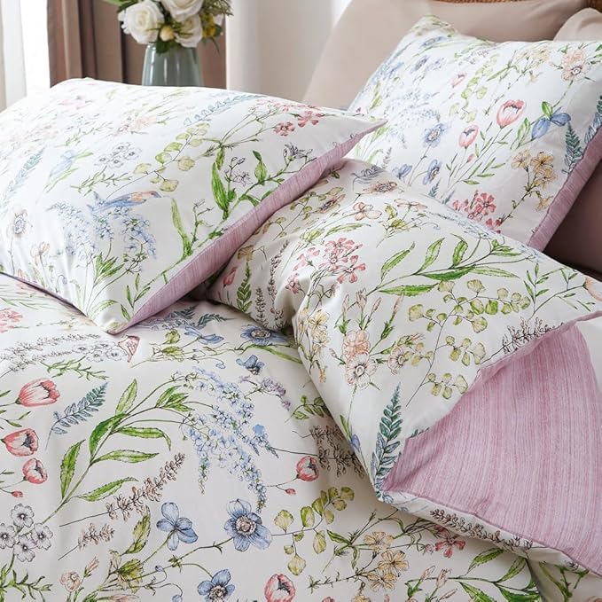 EAVD Vibrant Garden Botanical Floral Duvet Cover Queen Soft Cotton Chic Cute Bird Floral Pattern Bedding Set with 2 Pillowcases Vintage Botanical Duvet Cover with Zipper Closure