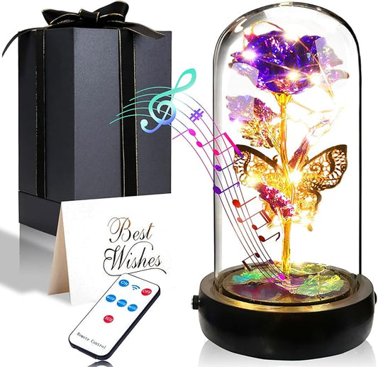 Birthday Rose Flower Gifts for Women, Mothers Day Glass Rose Gift for Mom from Daughter Son, Colorful Purple Rose in Glass Dome with Music Box, Light Up Rose in Dome for Her Wife Grandma