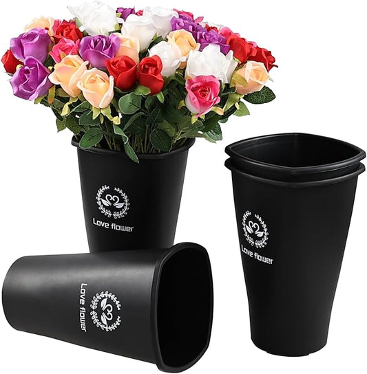 Pekky Black Plastic Flower Bucket, Small Floral Buckets for Cut Flowers, 4-Pack