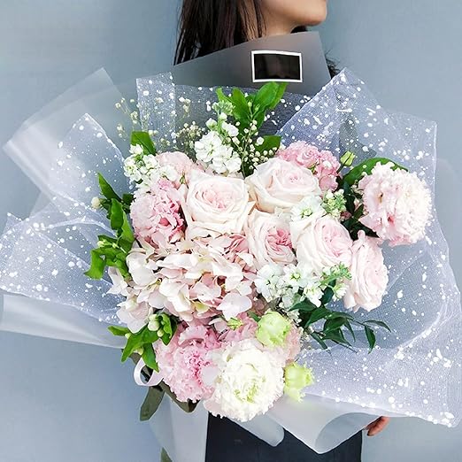 1Roll Flower Wrapping Mesh Paper DIY Snow Dot Yarn Floral Bouquet Gift Packaging Materials Craft Net Paper Florist Supplies Holiday Wedding Birthday Decoration 19.7inch x 4Yard (Light Pink)