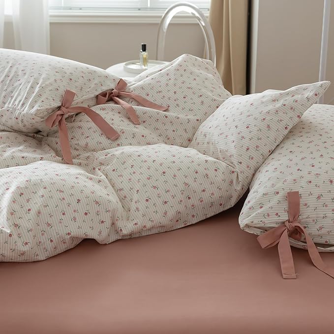 VM VOUGEMARKET Rose Flower Duvet Cover Queen Stripes Bedding Set 100% Cotton Vintage Country Style Girls Comforter Cover with 2 Bow Tie Pillowcases,Off-White/Cream