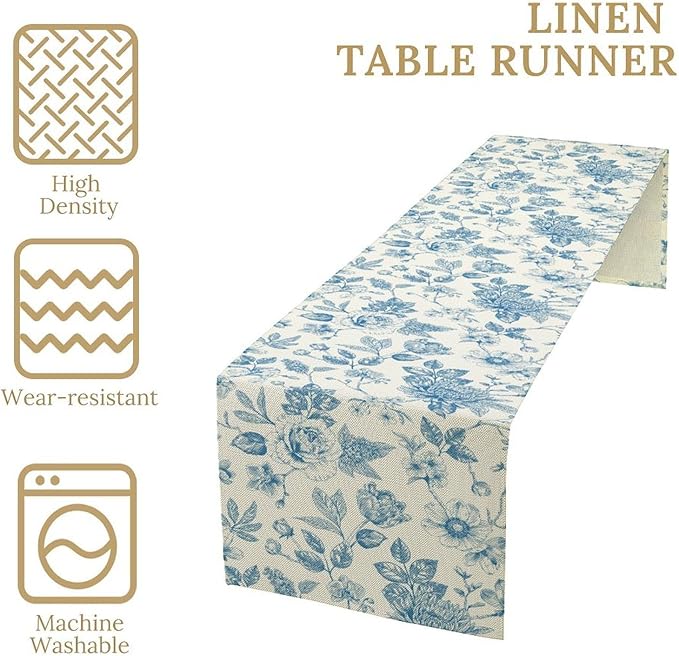 Blue Floral Table Runner, Spring Summer Sketch Wildflower Vintage Country Farmhouse Coffee Table Center Decor for Home Kitchen Dining Patio Holiday Party Table Decorations 13x36 inches