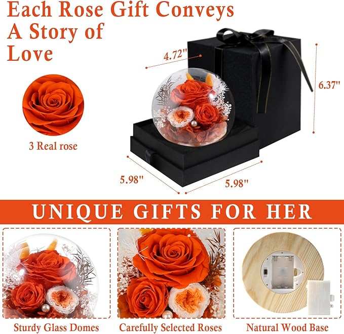 FIACO Preserved Rose Birthday Gift for Women Forever Fresh Flowers for Prime Delivery Gift for Mom Grandma Wife Valentines Mothers Day Christmas Anniversary Eternal Roses in Glass Dome