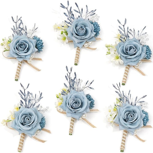 Serwalin 6PCS Boutonniere for Men,Groom and Best Man Boutonnieres for Wedding Decor Prom Anniversary Homecoming Flowers Formal Dinner Party (Blue & Dusty Blue)