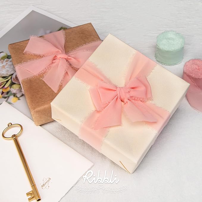 Ribbli Light Pink Chiffon Ribbon 1-1/2 inch x 20 Yard Handmade Fringe Chiffon Silk Ribbon for Wedding Invitations, Bridal Bouquets Wrapping, Flower Arrangement Decoration