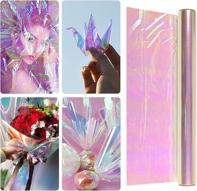 Giiffu Iridescent Cellophane Wrap Roll, 34" Wide x 50 Ft Long | Holographic Film for Gift Baskets, Floral Bouquets, Easter Gifts & Craft Projects