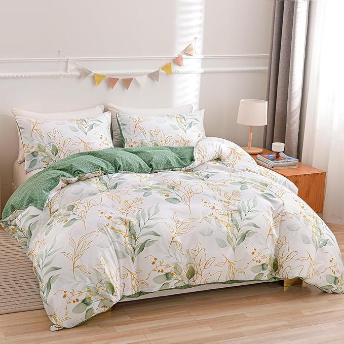 Nayoroom White Floral Duvet Cover Queen Size Green Gold Leaves Printed Reversible Botanical Comforter Cover 3 Pieces Soft Breathable Microfiber Cottagecore Bedding Set with Zipper Closure