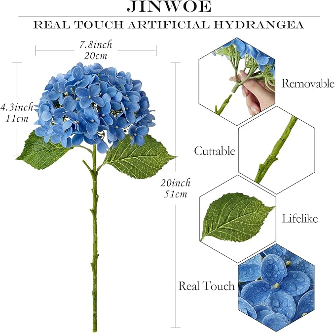 Savoy Blue Boho Artificial Hydrangeas Flowers, 4Pcs 20" Real Touch Lifelike Silk Artificial Hydrangeas, Full Fake Flowers for Bouquets Table Centerpieces Spring Wedding Indoor Home
