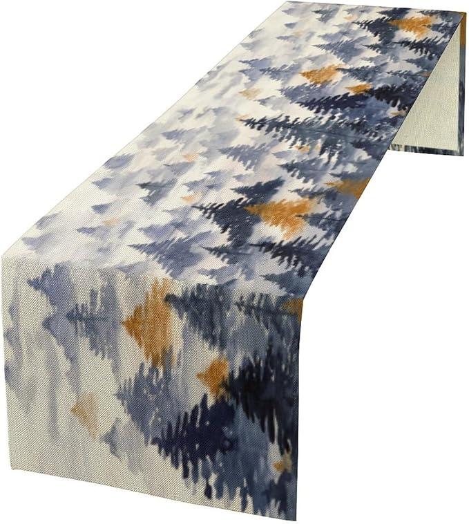 Watercolor Blue Pine Trees Table Runner, Forest Woodland Tabletop Scarf Home Kitchen Holiday Decor, Seasonal Farmhouse Rustic Dining Decorations Party Supply 13 X 36 Inch