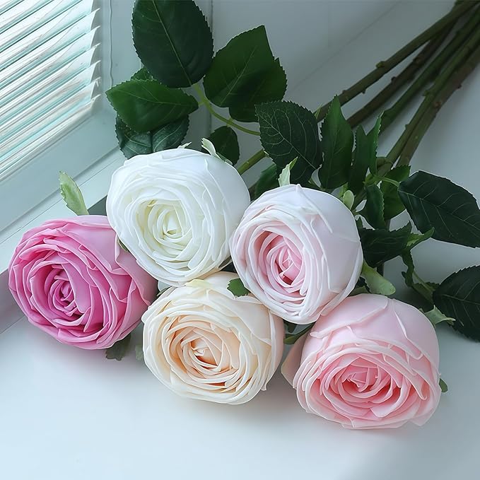 5Pcs Mixed Real Touch Artificial Silk Flowers with Stems - Lifelike Latex Austin Rose Peony for Wedding Bouquets, Home Decor, DIY Floral Arrangements