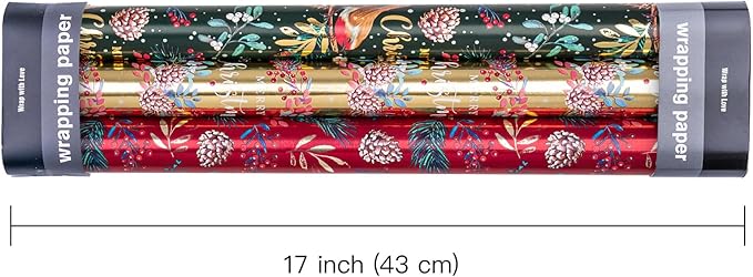 WRAPAHOLIC Christmas Wrapping Paper Roll - Mini Roll - 3 Rolls - 17 Inch x 120 Inch Per Roll - Bird, Christmas Garland, Holly and Pinecones Holiday Design with Metallic Foil Shine