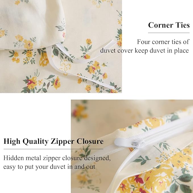 EAVD Yellow Floral Duvet Cover Queen Cotton Reversible Garden Floral Bedding Sets Full Aesthetic 1 Botanical Duvet Cover with 2 Pillowcases Chic Aesthetic Flower Bedding Sets for Girls Women