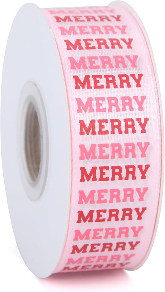 Gingerbread with Candy Canvas Ribbon 7/8 Inch 20 Yards Pink White Merry Christmas Candy Cane Fabric Craft Ribbon for Christmas Gift Wrapping Wreath Bow DIY Crafts Supplies (Pink Merry)