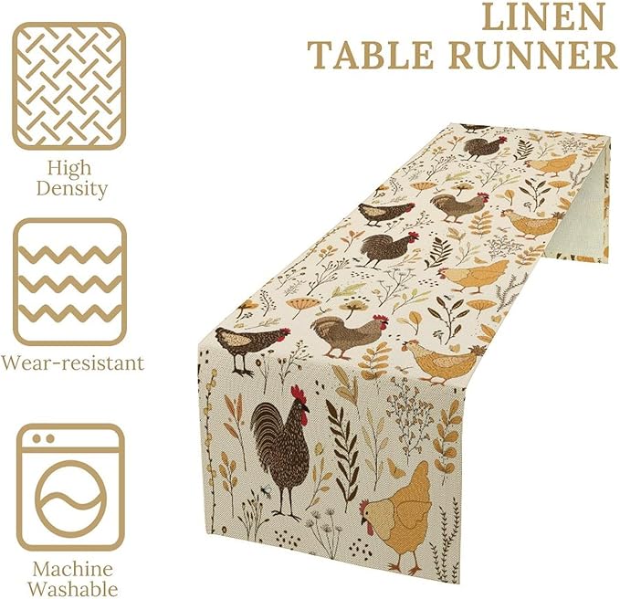 Farmhouse Rooster Table Runner, Rustic Farm Animals Cute Cartoon Chicken Floral Dinner Runner for Farmhouse Home Kitchen Dinner Table Holiday Party Decoration 13x108in