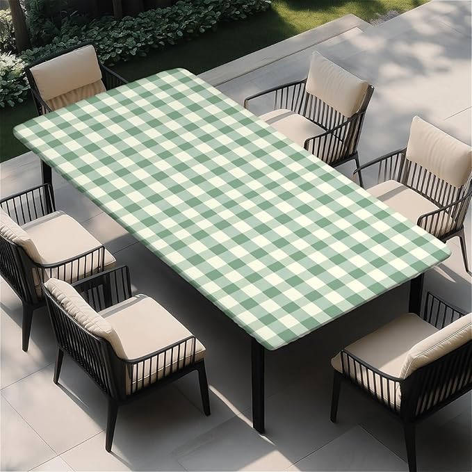 Rectangle Table Cloth Cover Waterproof Elastic Fitted Polyester Fitted Tablecloths for 8 Foot Tables for Indoor,Picnic, Camping, Outdoor （96" x 30"，Green Grid）