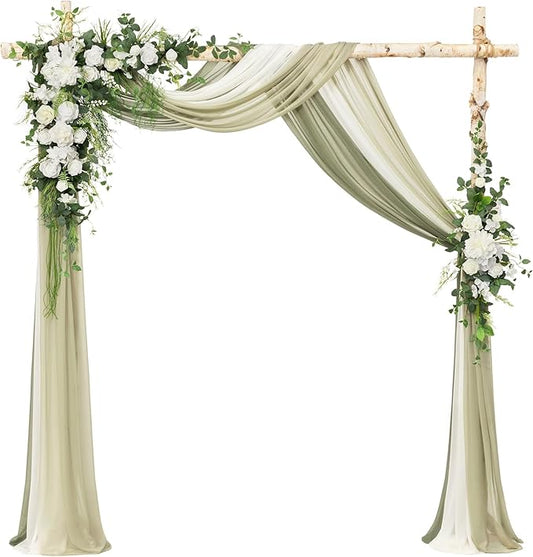 Ling's moment Wedding Arch Flowers with Drapes Kit-Pack of 5, 2pcs Flower Arrangements 3pcs Sheer Hanging Drapes White Ceremony Arbor Backdrop Artificial Rose Floral Decorations, White Green