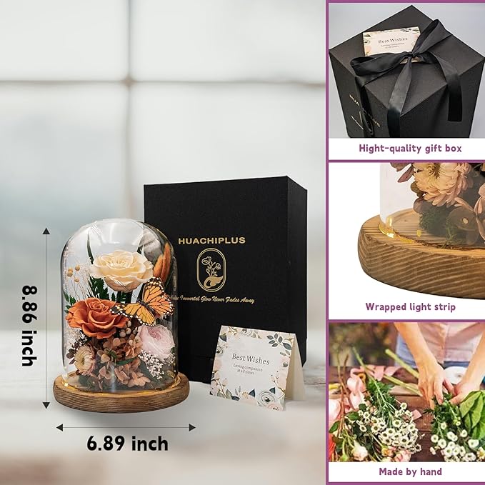 Eternal Flower with Butterfly: Big Flowers Big Love-Elegant Flower in Glass Dome-Thanksgiving, Christmas, Mom Gifts for Her-Flowers for Delivery Prime-Floral Arrangements (Orange)