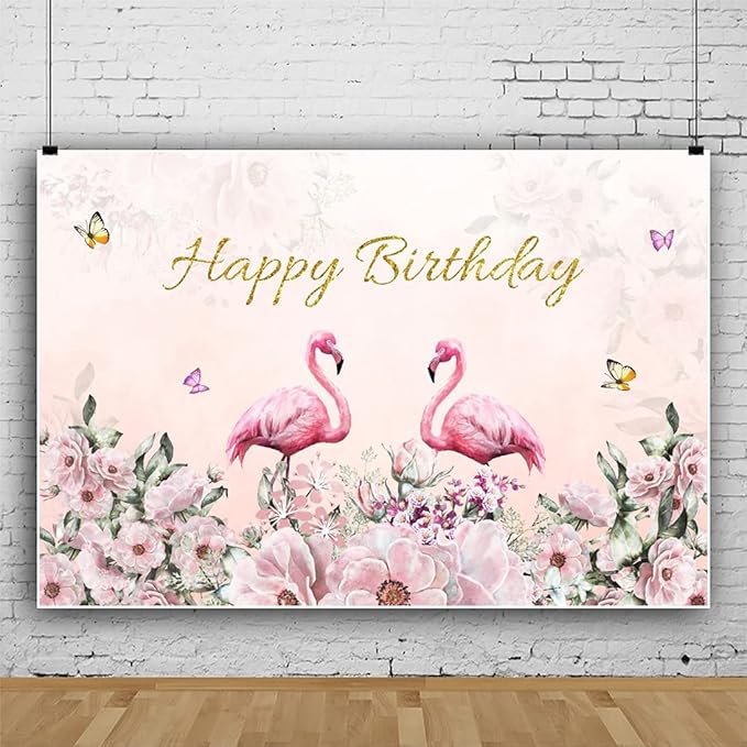 Renaiss 8x6ft Happy Birthday Backdrop Pink Flamingo Theme Birthday Party Photography Background for Girls Daughter Flower Butterfly Cake Table Banner Decor Studio Portrait Pink Photo Props